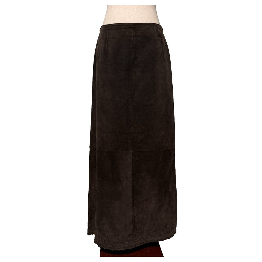 Live A‎ Little Leather Maxi Skirt Brown Floral Cutout Hem Boho Festival Size 12